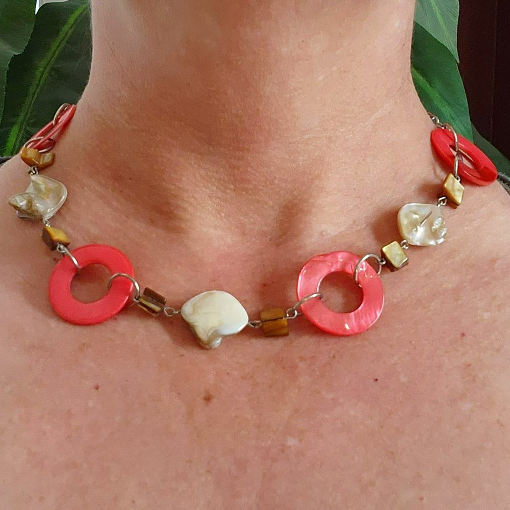 Peach Pink Abalone Circles Natural Abalone Shell Stone Silver 23" Necklace
